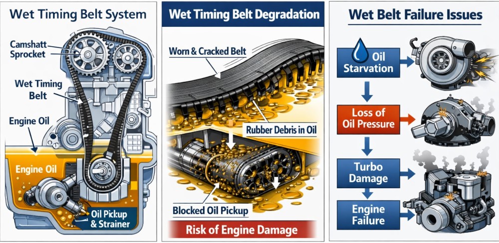 Wet timing belt system diagram showing degradation and failure issues